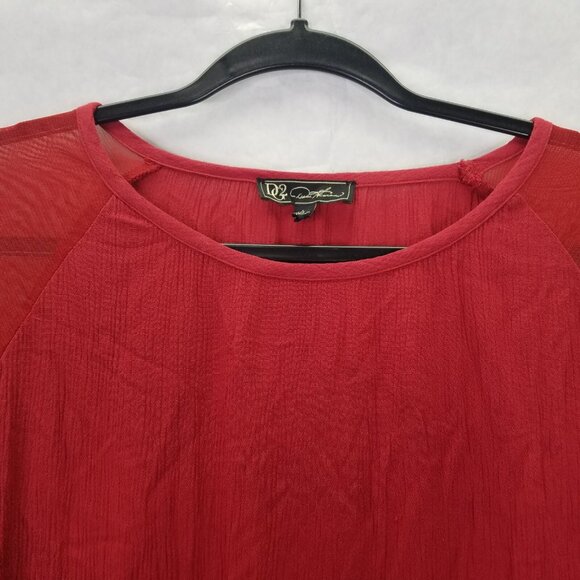 DG2 Diane Gilman Womens L Long Sleeve Blouse Red Embroidered Mesh Shoulder Crepe - Picture 2 of 14
